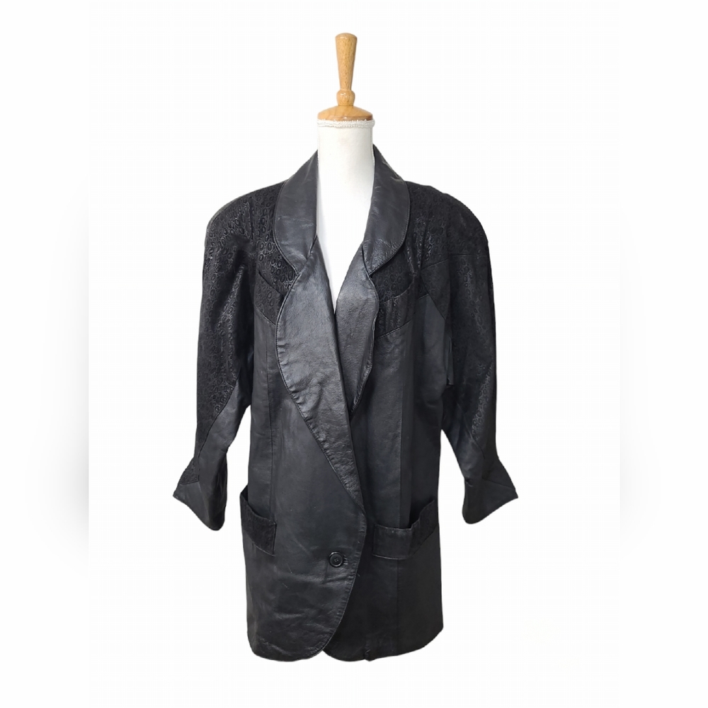 VINTAGE ATLANTIC BEACH GENUINE LEATHER JACKET WOMENS SIZE MEDIUM BLACK EMBOSSED